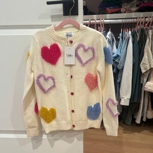 Lola + The Boys White and Red Heart Cardigan Sweater